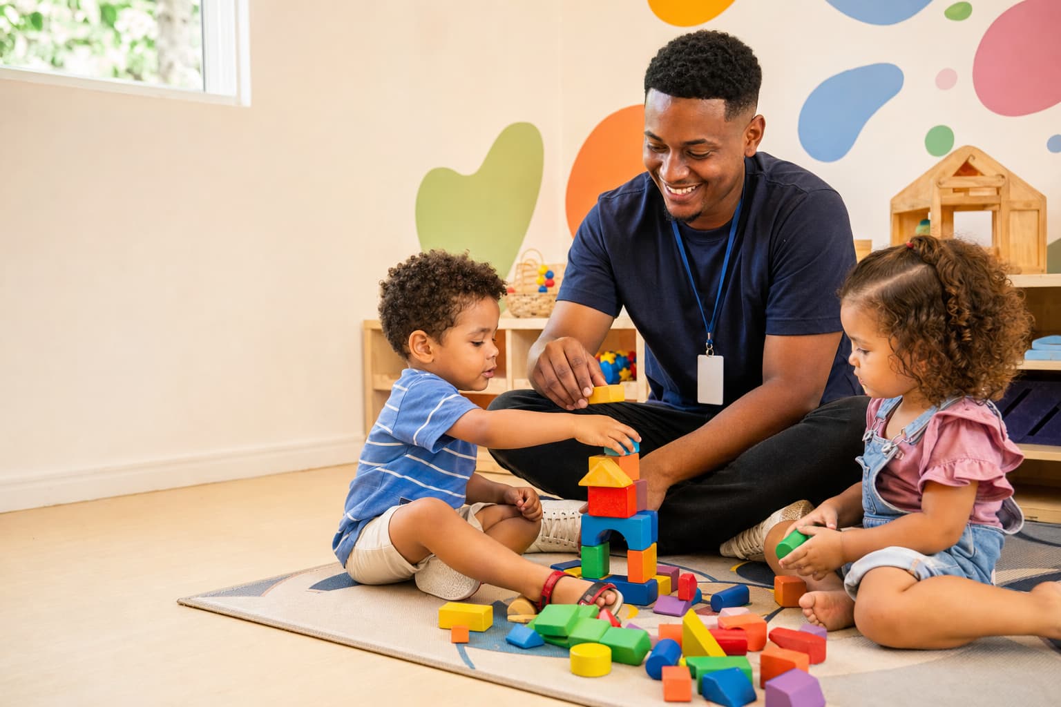 Auxiliar de educação infantil brincando com crianças em creche municipal